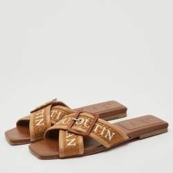 Christian Louboutin Brown Logo Canvas and Leather Crossimule Flat Slides Size 38.5