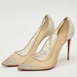 Christian Louboutin Beige Mesh and Glitter Follies Strass Pumps Size 41.5