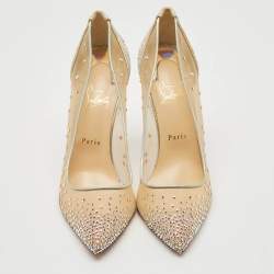 Christian Louboutin Beige Mesh and Glitter Follies Strass Pumps Size 41.5