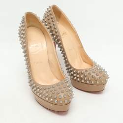 Christian Louboutin Beige Leather Bianca Spike Platform Pumps Size 38