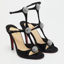 Christian Louboutin Black Suede Crystal Embellished Ankle Strap Sandals Size 35.5
