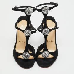 Christian Louboutin Black Suede Crystal Embellished Ankle Strap Sandals Size 35.5