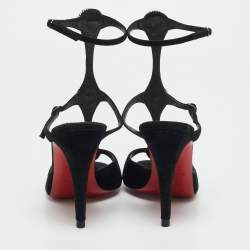 Christian Louboutin Black Suede Crystal Embellished Ankle Strap Sandals Size 35.5