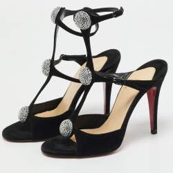 Christian Louboutin Black Suede Crystal Embellished Ankle Strap Sandals Size 35.5