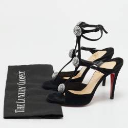 Christian Louboutin Black Suede Crystal Embellished Ankle Strap Sandals Size 35.5