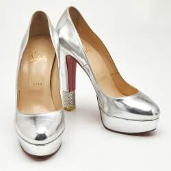 Christian Louboutin Silver Leather Crystal Embellished Platform Pumps Size 39