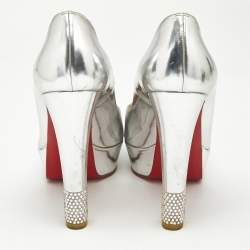 Christian Louboutin Silver Leather Crystal Embellished Platform Pumps Size 39