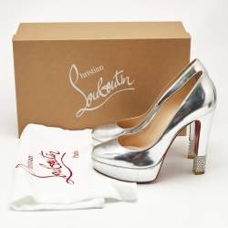 Christian Louboutin Silver Leather Crystal Embellished Platform Pumps Size 39