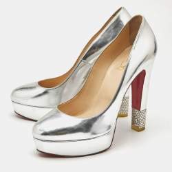 Christian Louboutin Silver Leather Crystal Embellished Platform Pumps Size 39