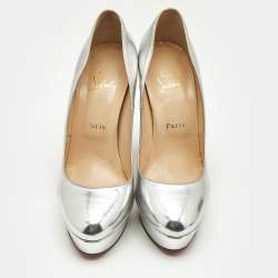 Christian Louboutin Silver Leather Crystal Embellished Platform Pumps Size 39