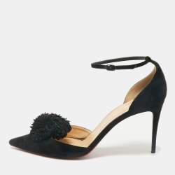 Christian Louboutin Black Suede Pom Pom Ankle Strap Sandals Size 39.5