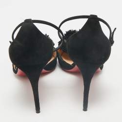 Christian Louboutin Black Suede Pom Pom Ankle Strap Sandals Size 39.5