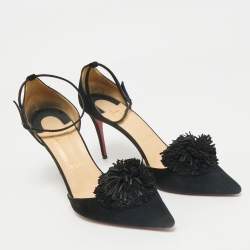 Christian Louboutin Black Suede Pom Pom Ankle Strap Sandals Size 39.5