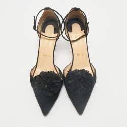 Christian Louboutin Black Suede Pom Pom Ankle Strap Sandals Size 39.5