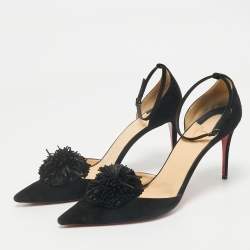 Christian Louboutin Black Suede Pom Pom Ankle Strap Sandals Size 39.5