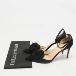 Christian Louboutin Black Suede Pom Pom Ankle Strap Sandals Size 39.5