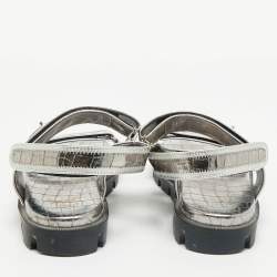 Christian Louboutin Silver Croc Embossed Leather Lock Cool Flat Sandals Size 40