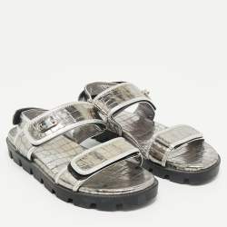 Christian Louboutin Silver Croc Embossed Leather Lock Cool Flat Sandals Size 40
