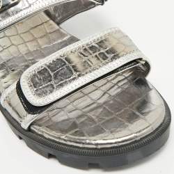 Christian Louboutin Silver Croc Embossed Leather Lock Cool Flat Sandals Size 40