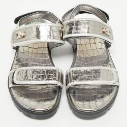 Christian Louboutin Silver Croc Embossed Leather Lock Cool Flat Sandals Size 40