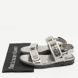 Christian Louboutin Silver Croc Embossed Leather Lock Cool Flat Sandals Size 40