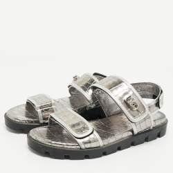 Christian Louboutin Silver Croc Embossed Leather Lock Cool Flat Sandals Size 40