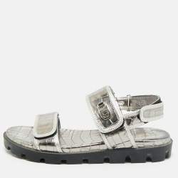Christian Louboutin Silver Croc Embossed Leather Lock Cool Flat Sandals Size 40