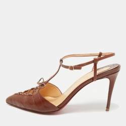 Christian Louboutin Brown Croc Embossed Leather Crococuty Ankle-Strap Pumps Size 38.5