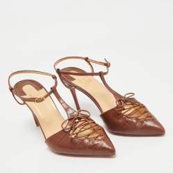 Christian Louboutin Brown Croc Embossed Leather Crococuty Ankle-Strap Pumps Size 38.5