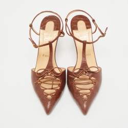 Christian Louboutin Brown Croc Embossed Leather Crococuty Ankle-Strap Pumps Size 38.5