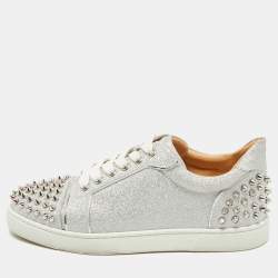 Christian Louboutin Silver Glitter and Leather Louis Junior Spikes Low Top Sneakers Size 39
