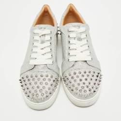Christian Louboutin Silver Glitter and Leather Louis Junior Spikes Low Top Sneakers Size 39