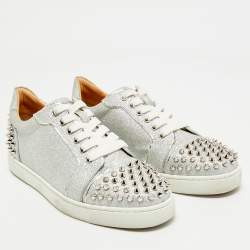 Christian Louboutin Silver Glitter and Leather Louis Junior Spikes Low Top Sneakers Size 39