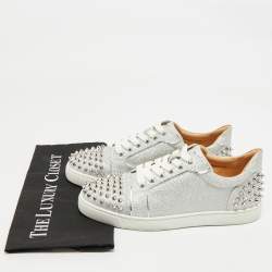 Christian Louboutin Silver Glitter and Leather Louis Junior Spikes Low Top Sneakers Size 39