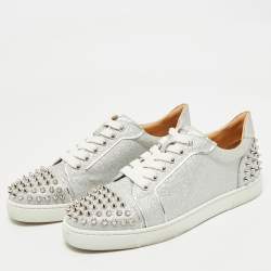 Christian Louboutin Silver Glitter and Leather Louis Junior Spikes Low Top Sneakers Size 39