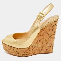 Christian Louboutin Gold Leather Cork Wedge Sandals Size 38