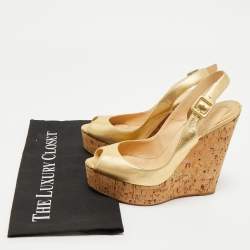 Christian Louboutin Gold Leather Cork Wedge Sandals Size 38