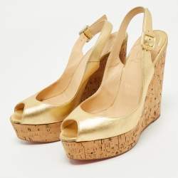 Christian Louboutin Gold Leather Cork Wedge Sandals Size 38