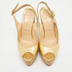 Christian Louboutin Gold Leather Cork Wedge Sandals Size 38
