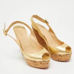 Christian Louboutin Gold Leather Cork Wedge Sandals Size 38