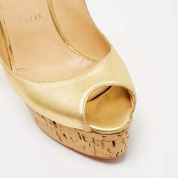 Christian Louboutin Gold Leather Cork Wedge Sandals Size 38