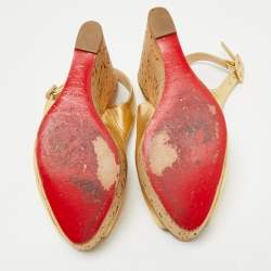 Christian Louboutin Gold Leather Cork Wedge Sandals Size 38