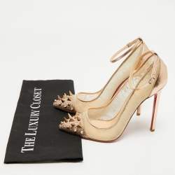 Christian Louboutin Rose Gold  Lace and Leather Spike Decollete Pumps Size 38