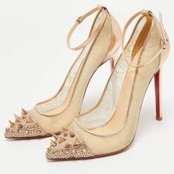 Christian Louboutin Rose Gold  Lace and Leather Spike Decollete Pumps Size 38