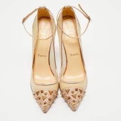 Christian Louboutin Rose Gold  Lace and Leather Spike Decollete Pumps Size 38