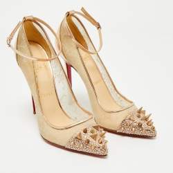 Christian Louboutin Rose Gold  Lace and Leather Spike Decollete Pumps Size 38