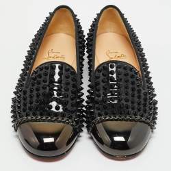 Christian Louboutin Black Patent Leather Glitz Spikes Smoking Slippers Size 38