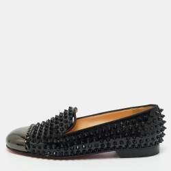 Christian Louboutin Black Patent Leather Glitz Spikes Smoking Slippers Size 38