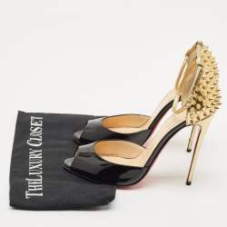 Christian Louboutin Black/Gold Patent Leather Pina Spike Sandals Size 37.5