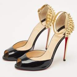 Christian Louboutin Black/Gold Patent Leather Pina Spike Sandals Size 37.5